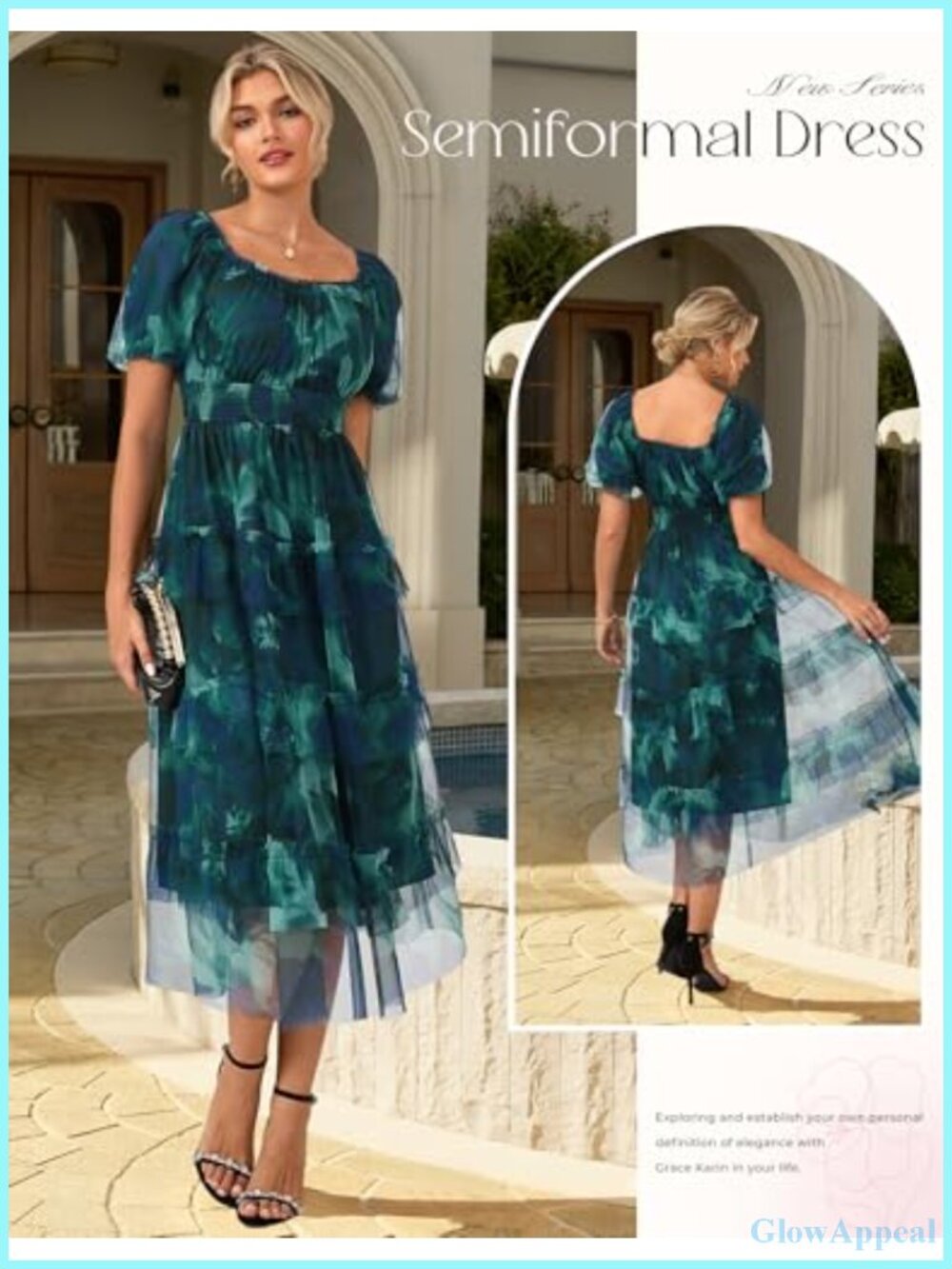 Floral Puff Sleeve Smocked Midi Dress Square Neck Mesh Flowy Wedding Guest - Picture 2 of 6